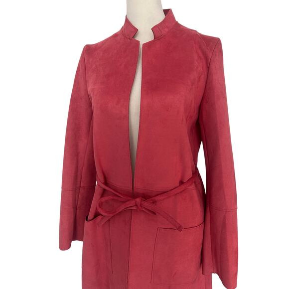 H&M Blush Rose Faux Suede Belted Longline Jacket Coat Size 0 - Picture 2 of 6